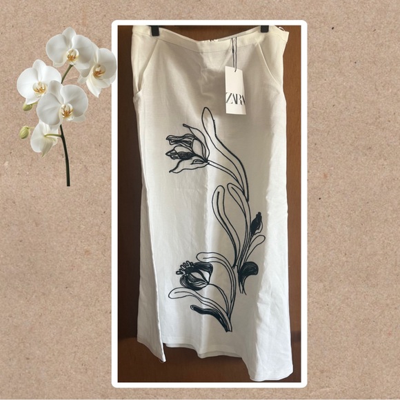 Zara white linen embroidered midi skirt. Size Large - Picture 2 of 5